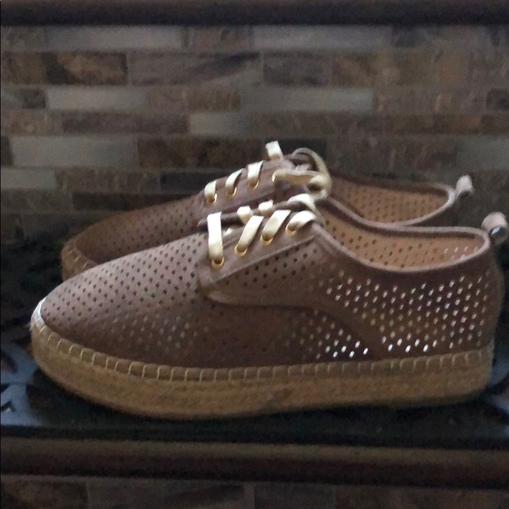Catherine Malandrino Tan Laser Cut Leather Jute Platform Espadrille Sneakers 9
